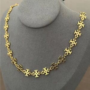 Tory Burch White Pearl Necklace with Gold Logo Accent